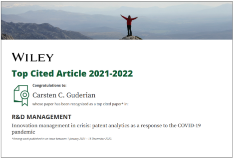 Zum Artikel "Veröffentlichung des Lehrstuhls als „Top Cited 2021-2022“ vom R&D Management Journal ausgezeichnet"